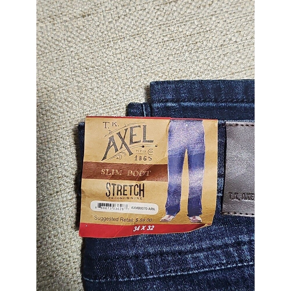 TK Axel Jeans Men Sz 34X32 Blue Denim Stretch Slim Fit Boot Cut Dark Wash NWT - Picture 2 of 9
